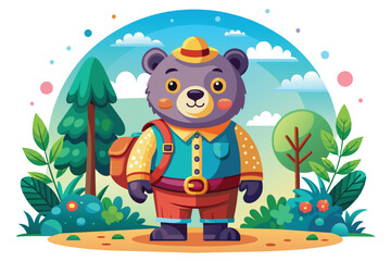 Fototapeta premium Cute bear playing in the park, around it are green leaves and beautiful colorful flowers. Vector design illustration