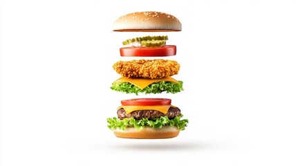 A stacked burger with layers of fresh vegetables, cheese, and crispy elements, showcased against a clean background.