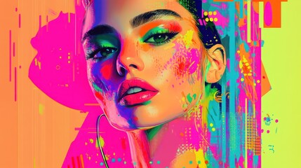 A vibrant portrait of a young Hispanic woman with bold makeup and colorful background, exuding confidence and artistic flair.