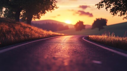 Fototapeta premium A winding road through a serene landscape at sunset, evoking tranquility and adventure.