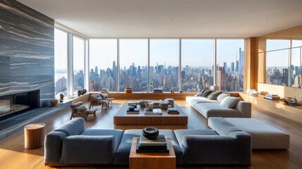 Contemporary living room with minimalist decor, featuring a mix of natural stone and wood accents, with panoramic city views.