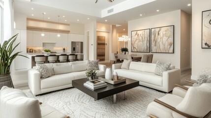 Contemporary living room with neutral tones, plush furniture, and an open-concept design, accented by modern artwork