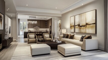 Contemporary living room with neutral tones, plush furniture, and an open-concept design, accented by modern artwork