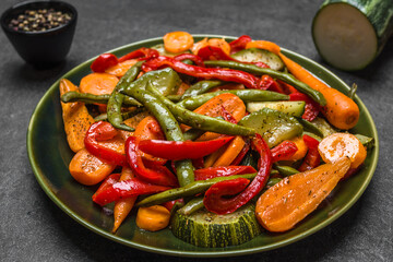 Plate of stir fry vegetables, top view