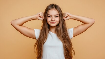Fototapeta premium Portrait of cute teenage girl showing muscles on beige background. Space for text