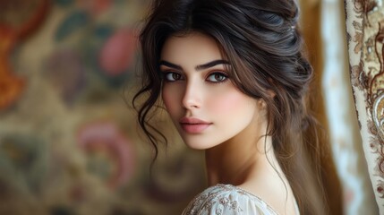 Fototapeta premium A Persian woman with dark brown hair pulled back, her soft pink blush highlighting her high