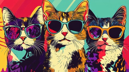 Three colorful cats wearing sunglasses, showcasing a vibrant and playful pop-art style.