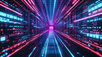 A vibrant digital tunnel bursting with pink and blue light streaks, creating a futuristic atmosphere.