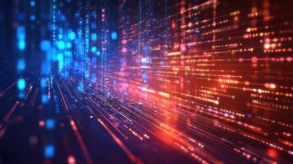 A vibrant abstract digital landscape filled with glowing blue and red data streams, creating a dynamic and futuristic atmosphere.