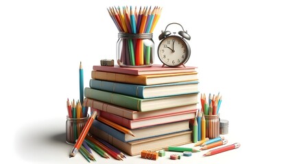 Books stacked with a jar of colorful pencils on top, isolated on white background. Concept of education and learning. 3D Rendering