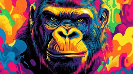 A vibrant, colorful illustration of a gorilla's face, surrounded by abstract patterns in a rainbow of hues.