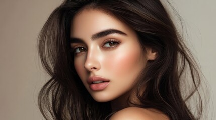Fototapeta premium A Persian woman with long, dark brown hair, her soft pink blush perfectly complementing