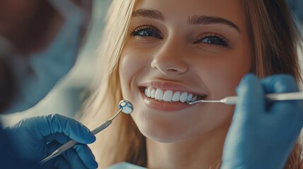 A smiling young Caucasian woman at a dental appointment, showcasing her bright teeth and positive attitude.