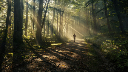 Obraz premium person is walking through a forest with sunlight shining through the trees