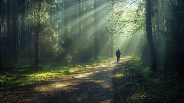 man is walking down a path in a forest