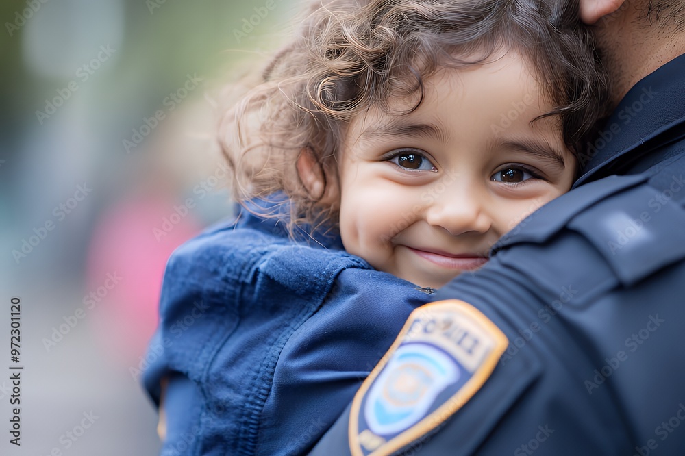 Wall mural little girl with curly hair hugs police officer.