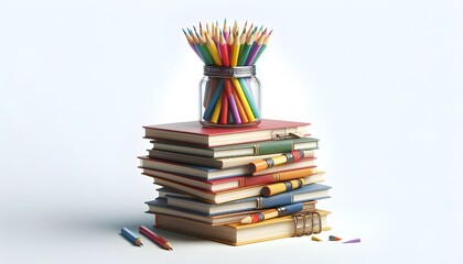 Books stacked with a jar of colorful pencils on top, isolated on white background. Concept of education and learning. 3D Rendering