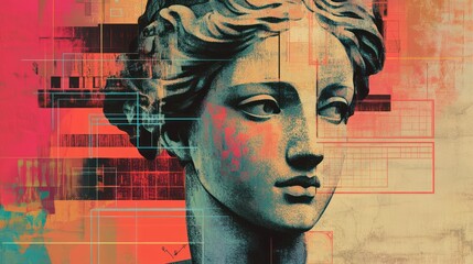 A striking depiction of a classical female bust against a vibrant, abstract background, blending art with modern digital aesthetics.