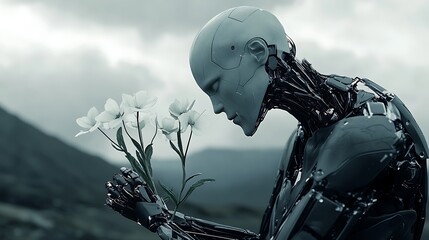 Kneeling beside the lone flower, the cyborg's circuits hum softly, his life force coursing through the metallic veins of his arm, nurturing the delicate bloom that glows brighter as his own power fade