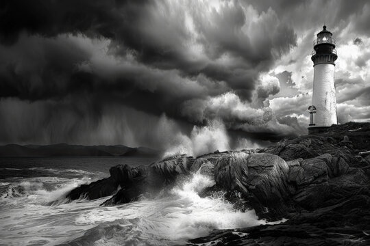 lighthouse is on a rocky shoreline with a stormy sky in the background