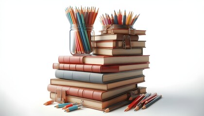 Books stacked with a jar of colorful pencils on top, isolated on white background. Concept of education and learning. 3D Rendering