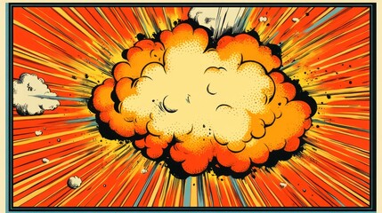 A vibrant explosion graphic featuring a burst of orange and yellow clouds, radiating dynamic lines, conveying energy and excitement.