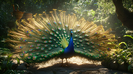 Obraz premium A proud peacock displaying its iridescent feathers