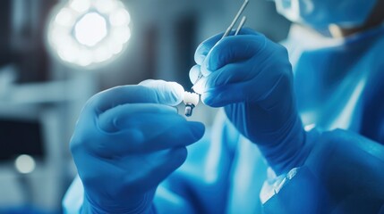 A close-up of a healthcare professional in scrubs performing surgery, focusing on precise movements with surgical instruments.