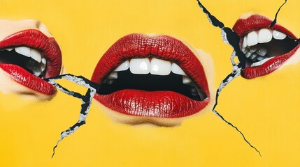 Close-up of vibrant red lips breaking through a bright yellow background, creating a bold and...