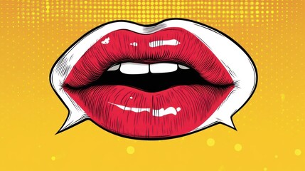 A vibrant pop art illustration featuring bold red lips against a bright yellow background, exuding vibrancy and energy.