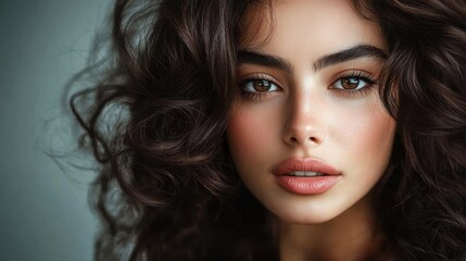 Naklejka premium A Persian woman with striking dark brown hair, her face glowing with soft pink blush, framed