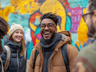 Obraz premium A group of people in front of a colorful graffiti wall, showcasing urban street art and diverse fashion styles in a city setting