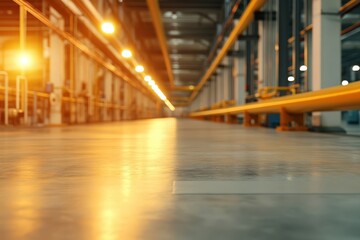 Illuminated Industrial Corridor with Reflections and Vibrant Lighting in a Spacious Facility