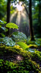 “Leaves covered with raindrops in a forest”. Close-up of bright green leaves with raindrops. Soft focus forest and muddy path in the background. The falling rain adds dynamics and refreshes the seren