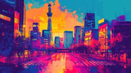 A vibrant cityscape featuring a modern skyline with a colorful sunset backdrop.