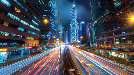 Obraz premium Hong Kong Cityscape at Night with Light Trails