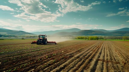 Fototapeta premium Tractor Working in a Field on a Sunny Day