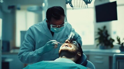 A male dentist, in his thirties, examines a patient in a dental clinic with a focused expression.