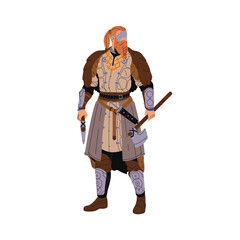 Viking in armor holds weapon. Ancient barbarian, medieval man with beard. Nordic warrior with axe in hand. Scandinavian soldier in animal skin. Flat isolated vector illustration on white background