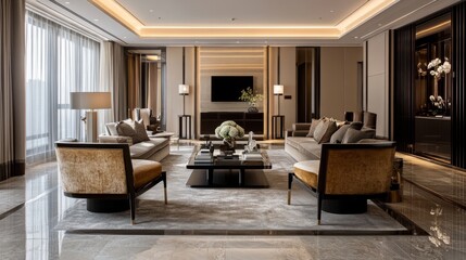 Fototapeta premium Large living room with elegant light fixtures, bespoke velvet furniture, and polished marble floors that reflect the space's grandeur.