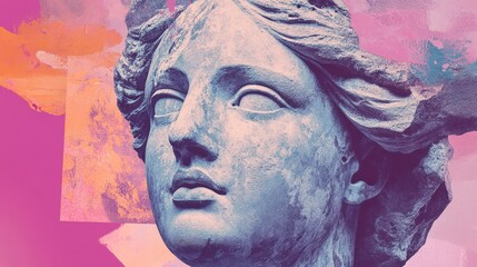 Close-up of a classical female sculpture with a serene expression, set against a vibrant abstract background.