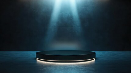 A dark stage with a circular platform illuminated by dramatic lighting, creating an atmospheric and suspenseful mood.