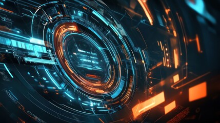 Futuristic digital interface featuring vibrant blue and orange neon elements on a dark background.