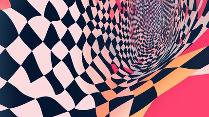 A mesmerizing checkerboard vortex with dynamic black and pink patterns creating a sense of depth and movement.
