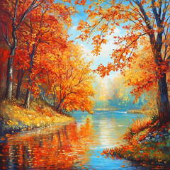 An enchanting autumn landscape featuring vibrant, colorful foliage along a serene lake. The reflections in the water add to the magic and tranquility of the scene.