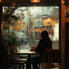 A woman sits at a table in a cafe, looking out the window at the rain