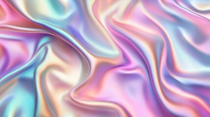 Obraz premium A close-up of iridescent satin fabric displaying soft, flowing waves in pastel colors of pink, blue, and lavender.