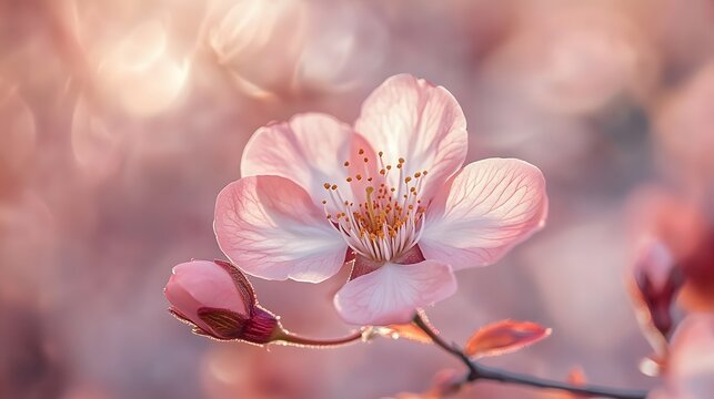A detailed close-up of a delicate sakura flower in full bloom, soft pink petals glowing in the sunlight - Powered by Adobe