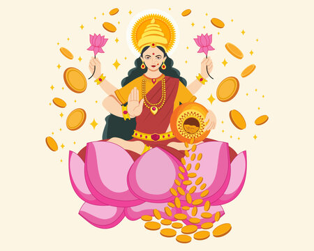 Indian festival dhanteras goddess Lakshmi laxmi maa with golden kalash coins pot happy diwali