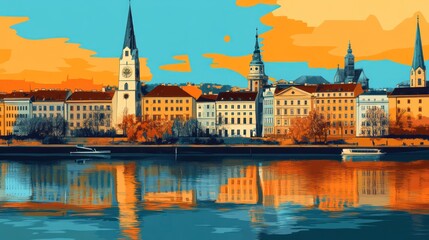 Obraz premium A vibrant sunset reflecting off the calm waters of a historical cityscape, featuring striking architecture and colorful skies.